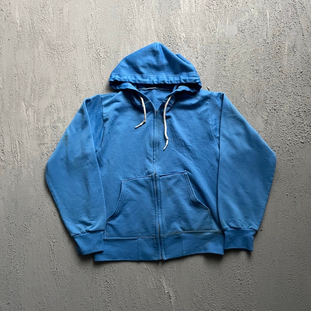 Vintage Thermal Lined Zip Hoodie Men Small Blue 1990s Blank Full Zip